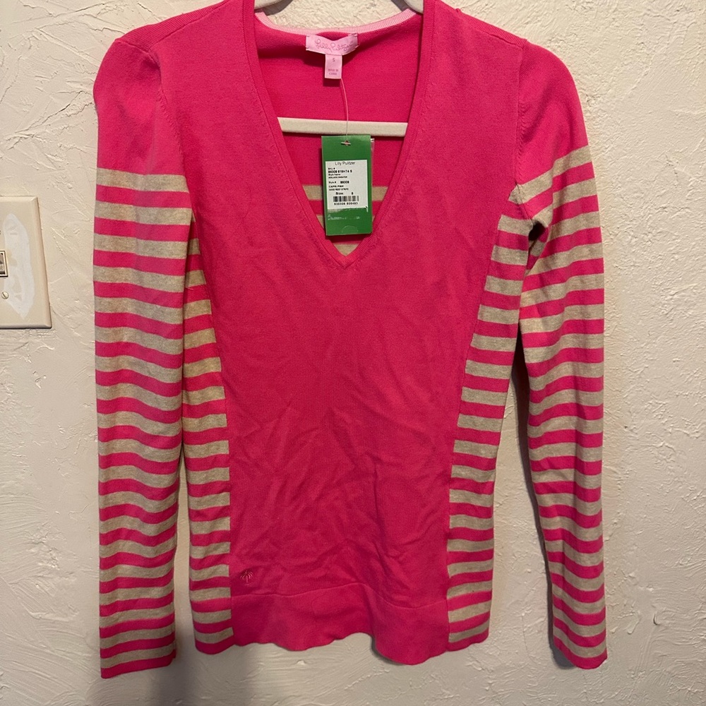 NWT Lilly Pulitzer Adelaide Sweater, Pink & Beige Stripe, Small